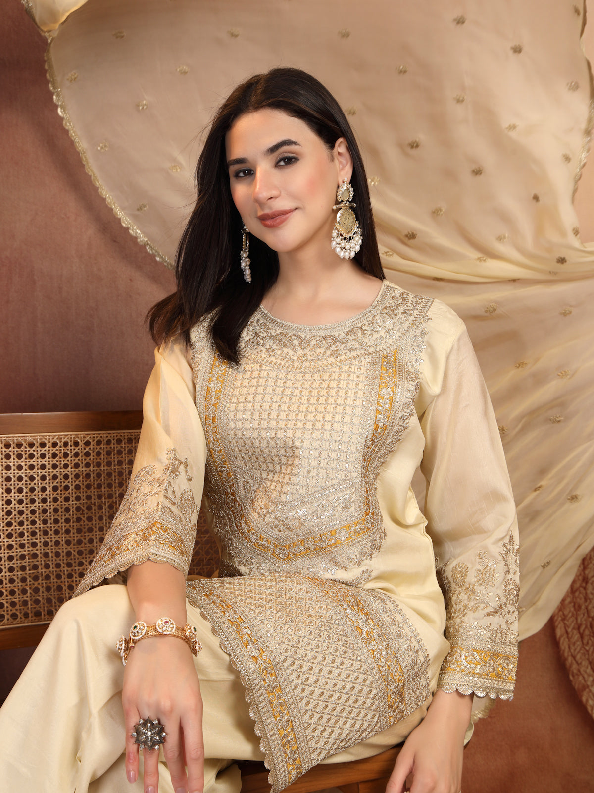 Ivory Gold Embellished Suit Set