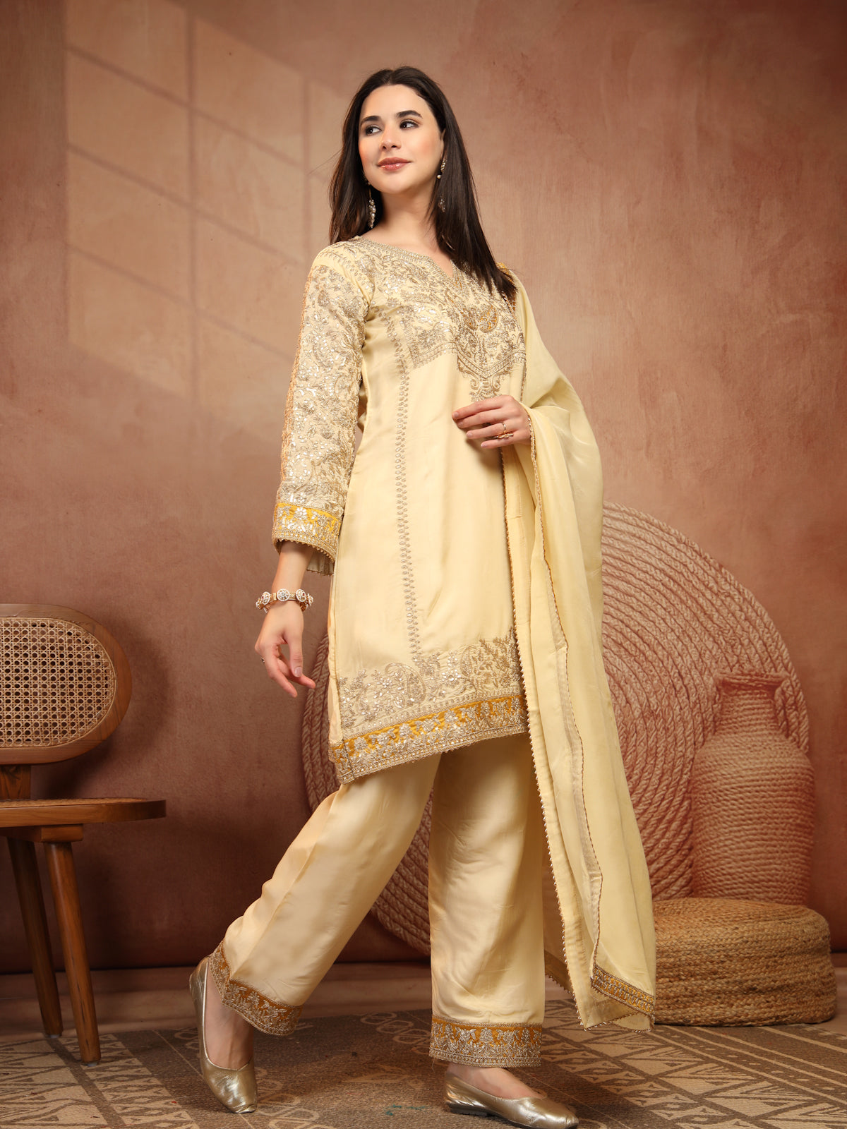 Ivory Embroidered Suit Set with Dupatta