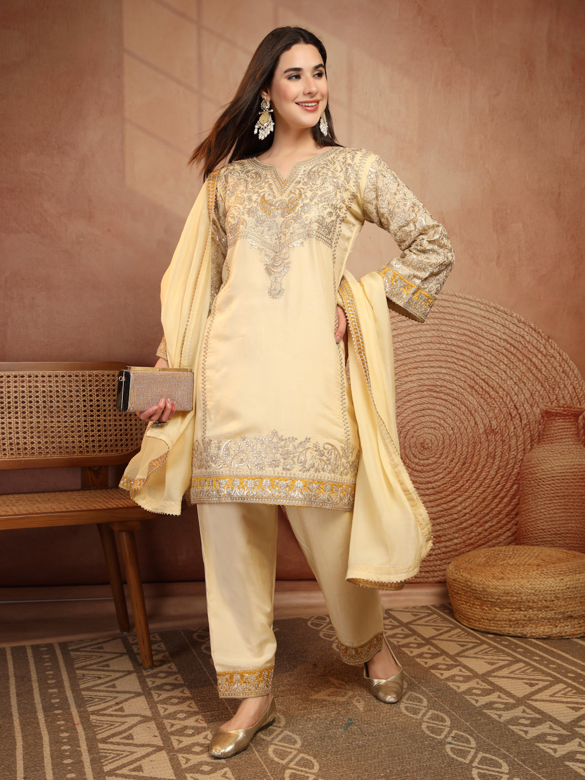 Ivory Embroidered Suit Set with Dupatta