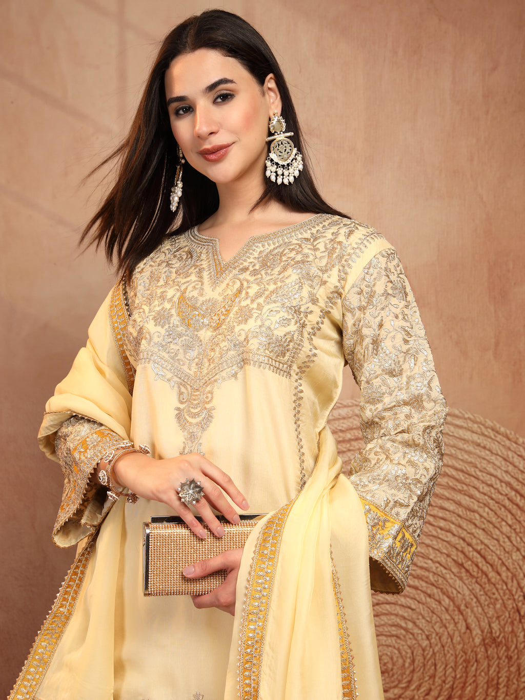 Ivory Embroidered Suit Set with Dupatta