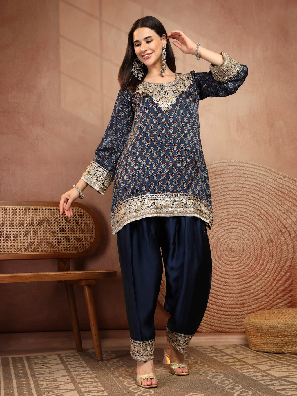Navy Ajrakh Modal Kurta with Farsi Salw