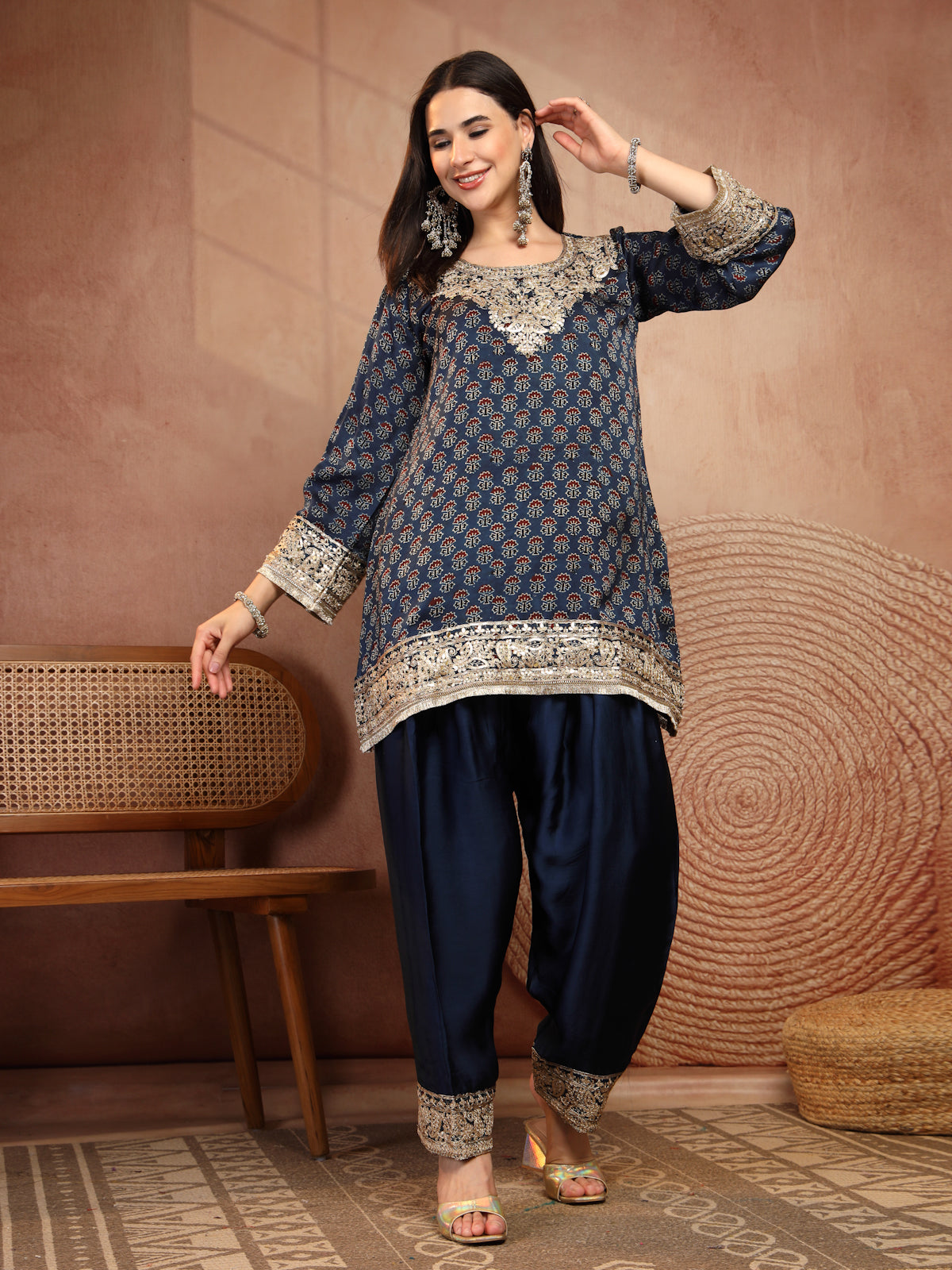 Navy Ajrakh Modal Kurta with Farsi Salw