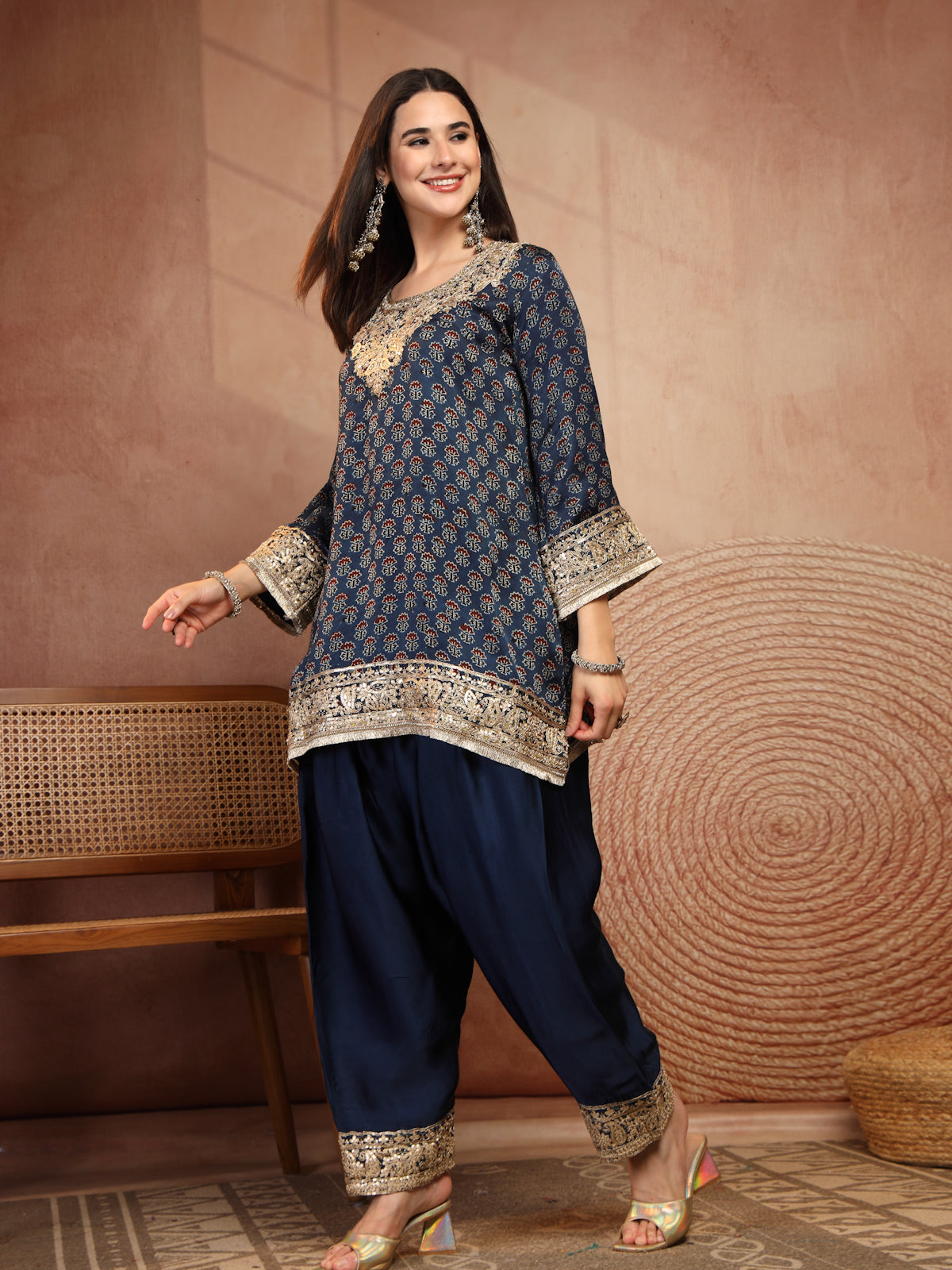 Navy Ajrakh Modal Kurta with Farsi Salw