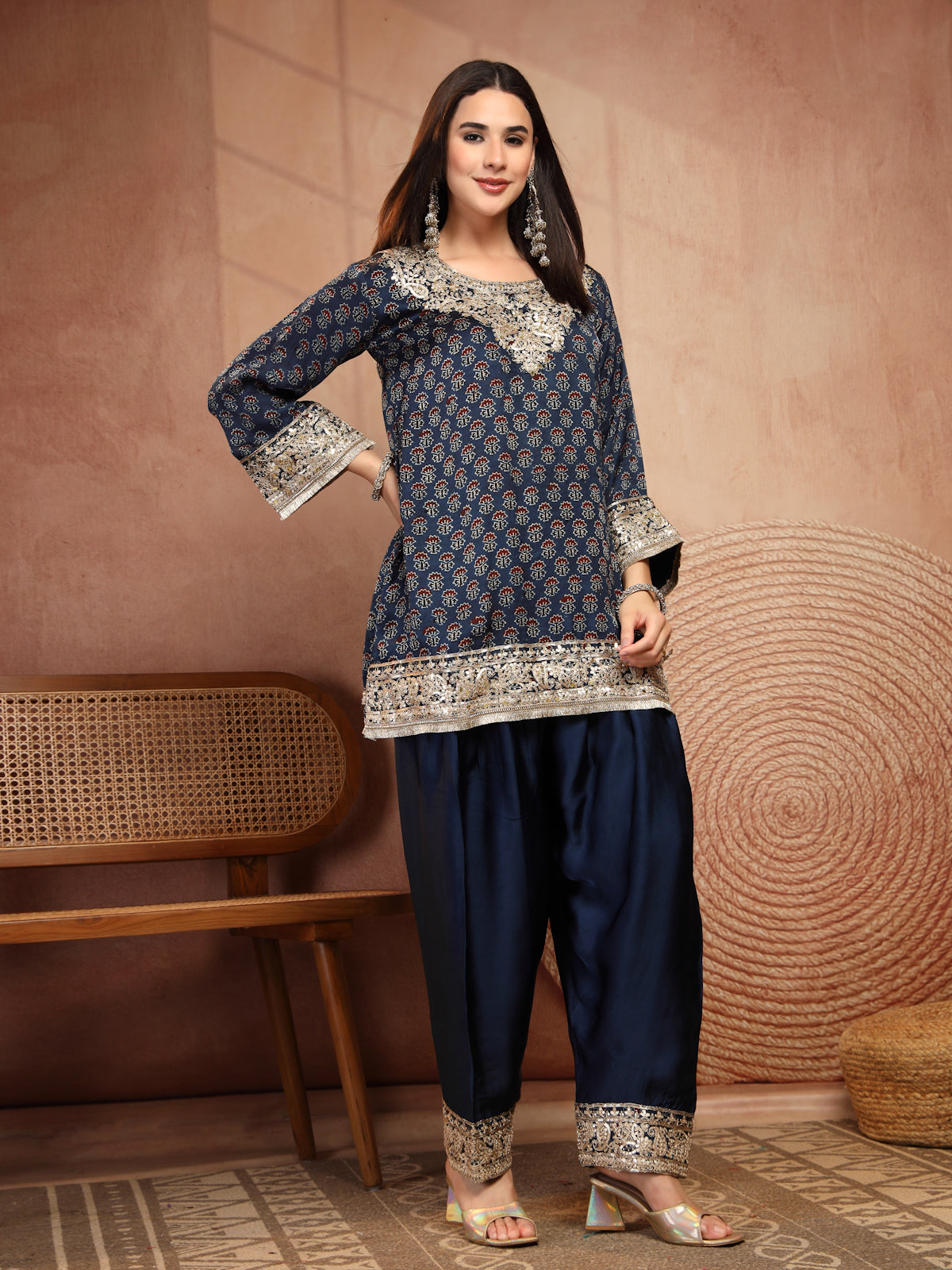 Navy Ajrakh Modal Kurta with Farsi Salw