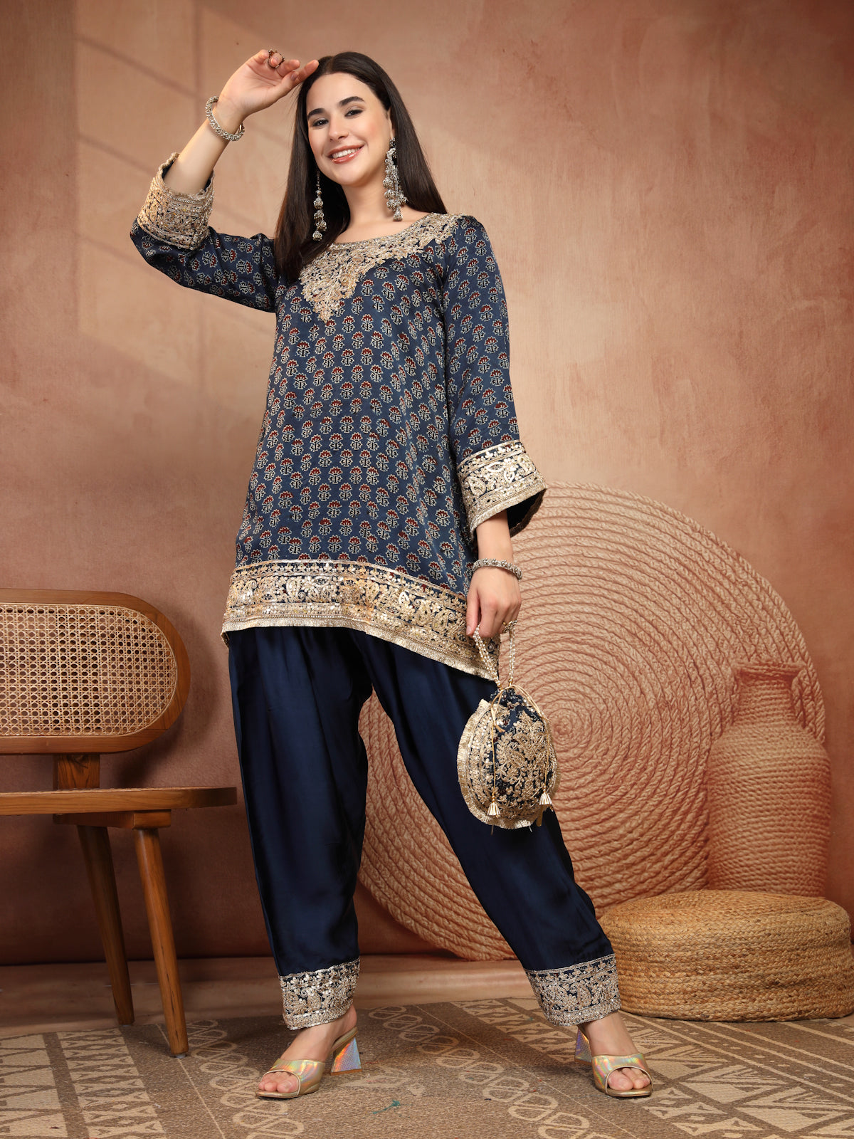 Navy Ajrakh Modal Kurta with Farsi Salw