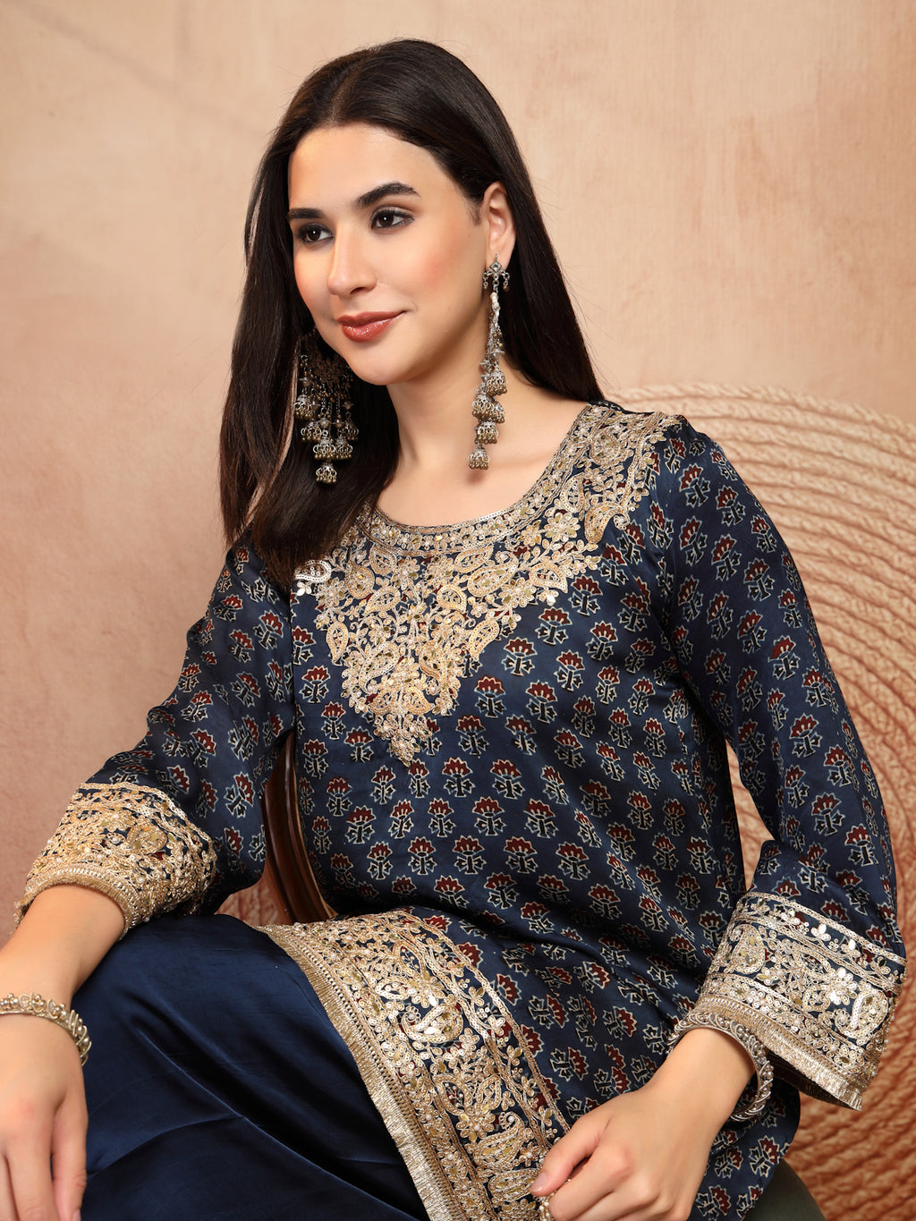 Navy Ajrakh Modal Kurta with Farsi Salw