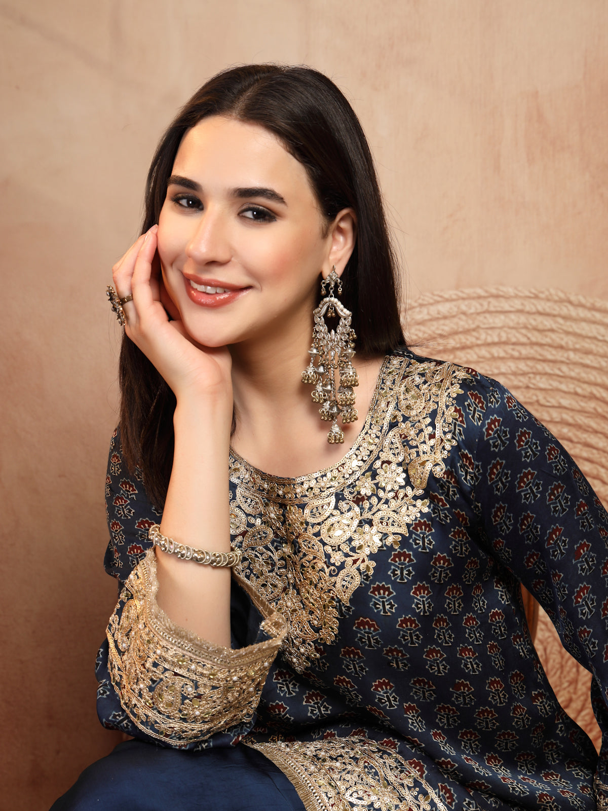 Navy Ajrakh Modal Kurta with Farsi Salw