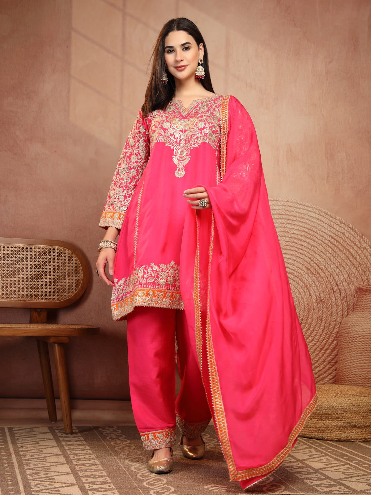Pink Embroidered Suit Set with Dupatta