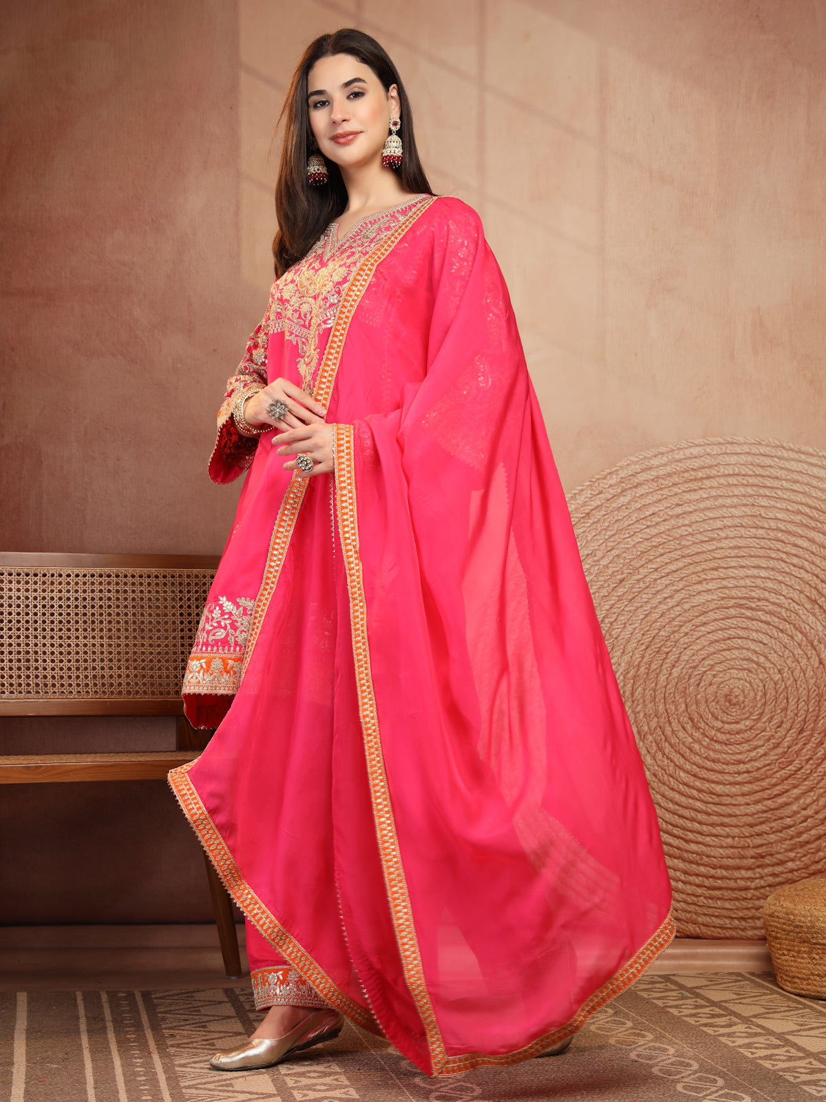 Pink Embroidered Suit Set with Dupatta