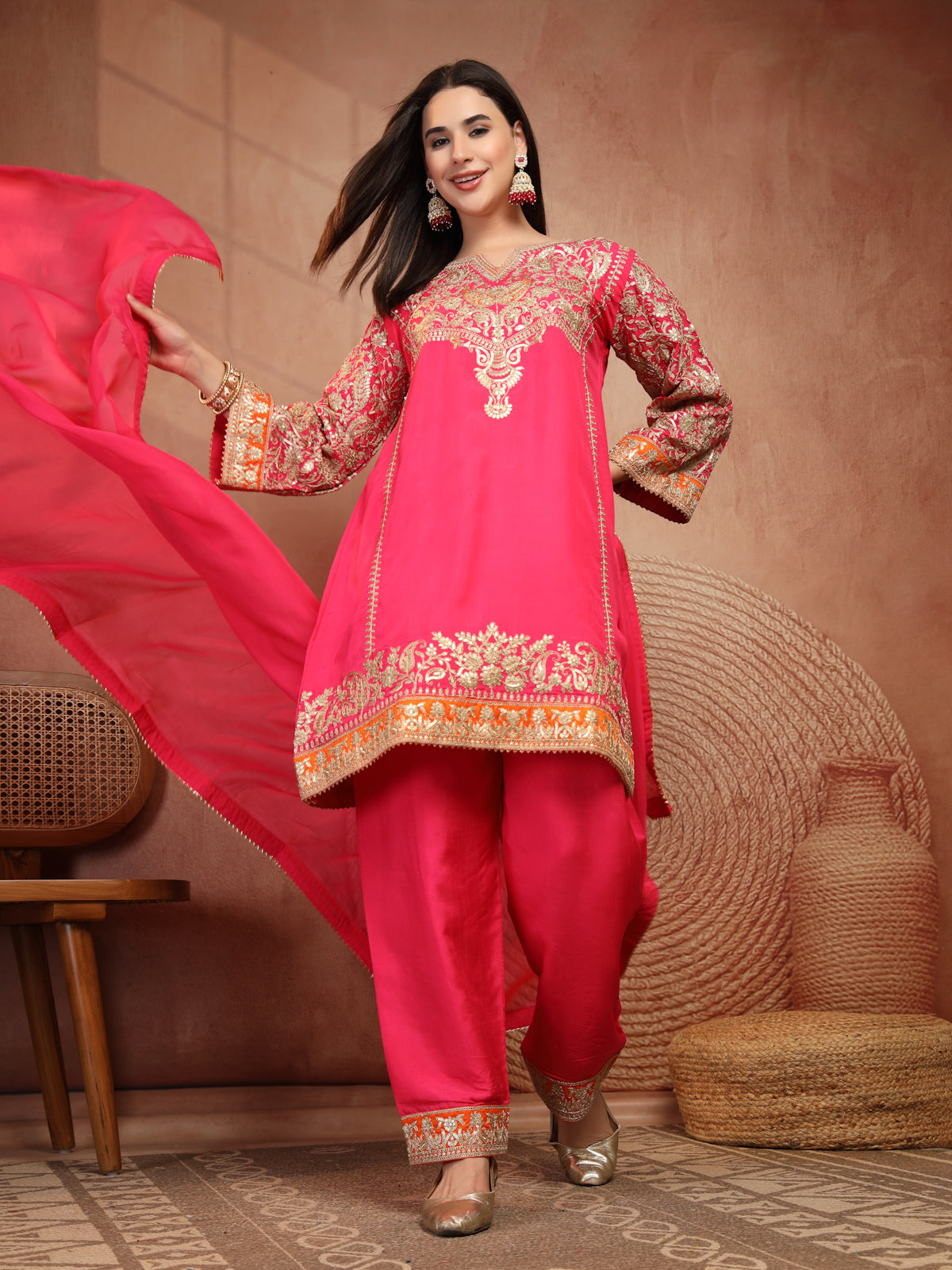 Pink Embroidered Suit Set with Dupatta