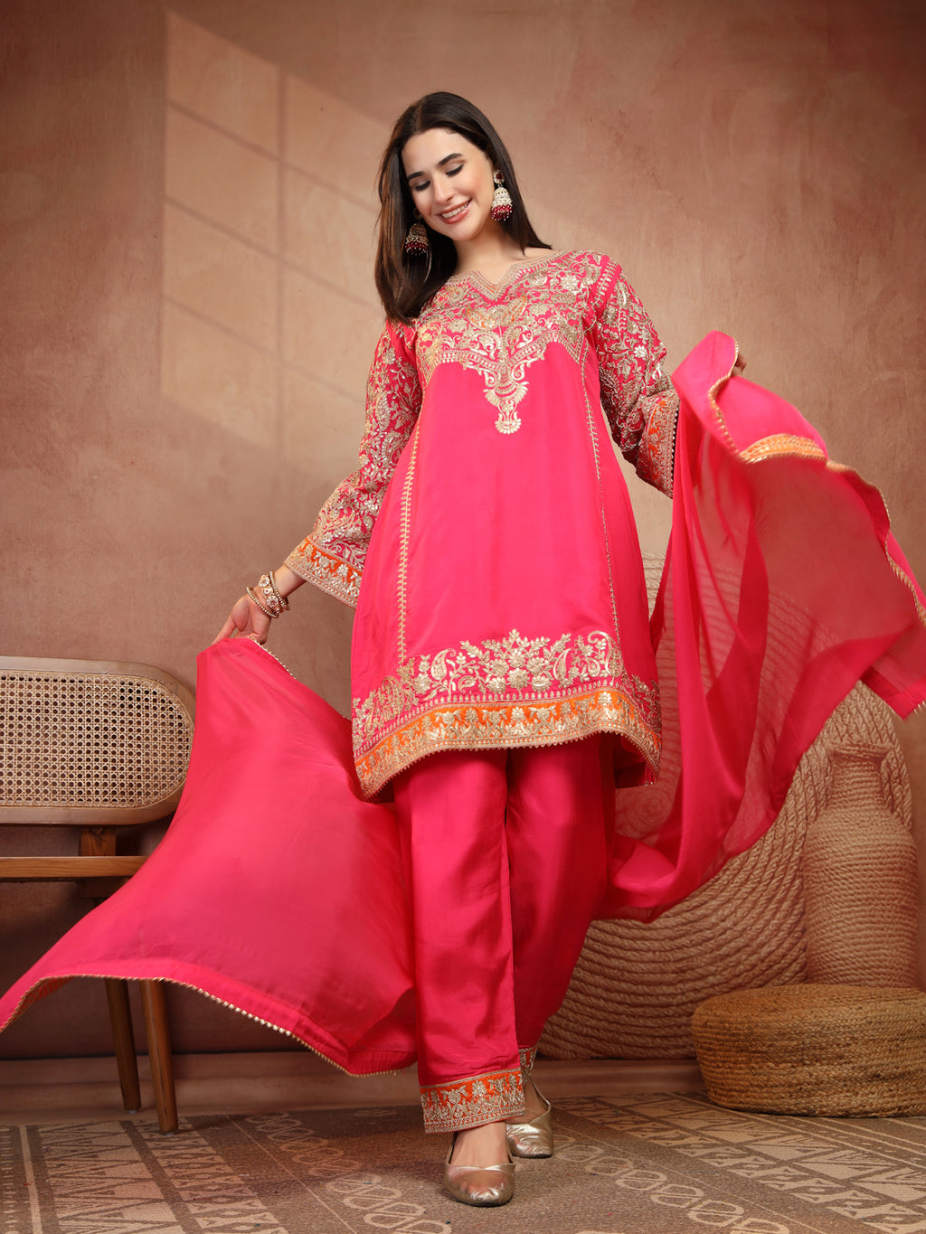 Pink Embroidered Suit Set with Dupatta