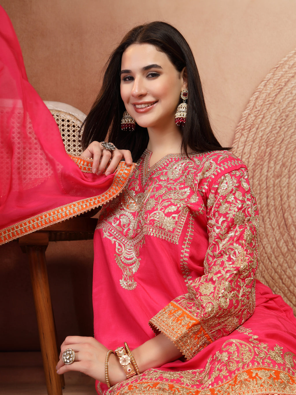 Pink Embroidered Suit Set with Dupatta