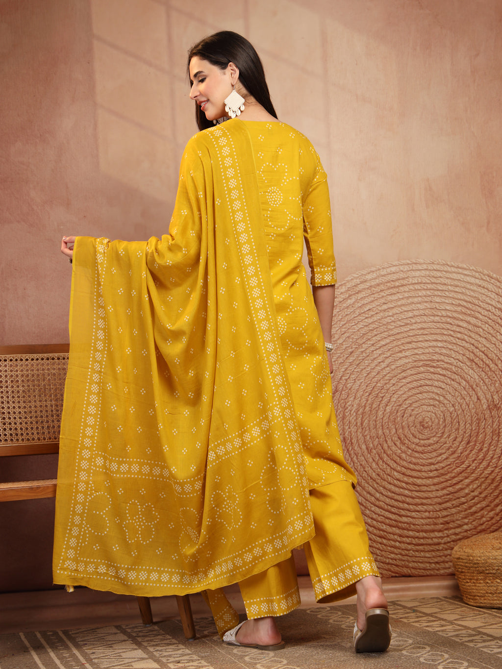 Mustard Yellow Bandhani Print Cotton Suit Set
