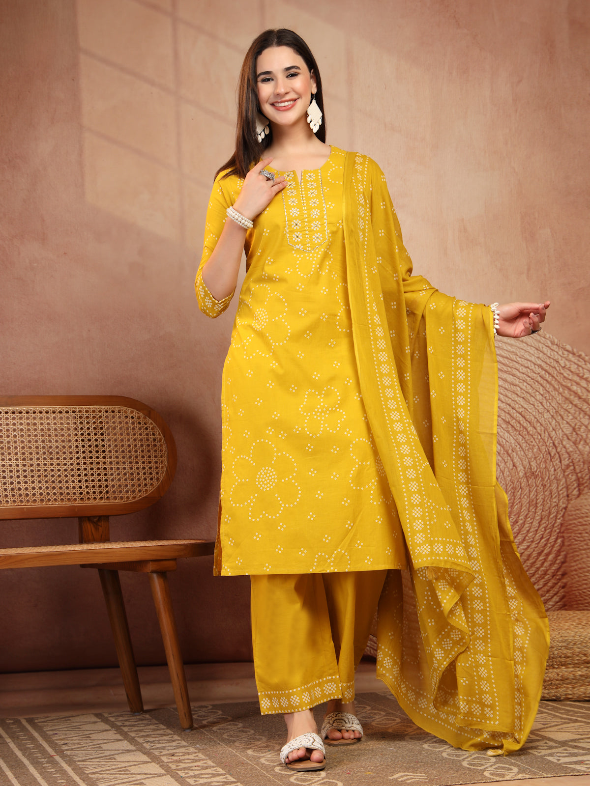 Mustard Yellow Bandhani Print Cotton Suit Set