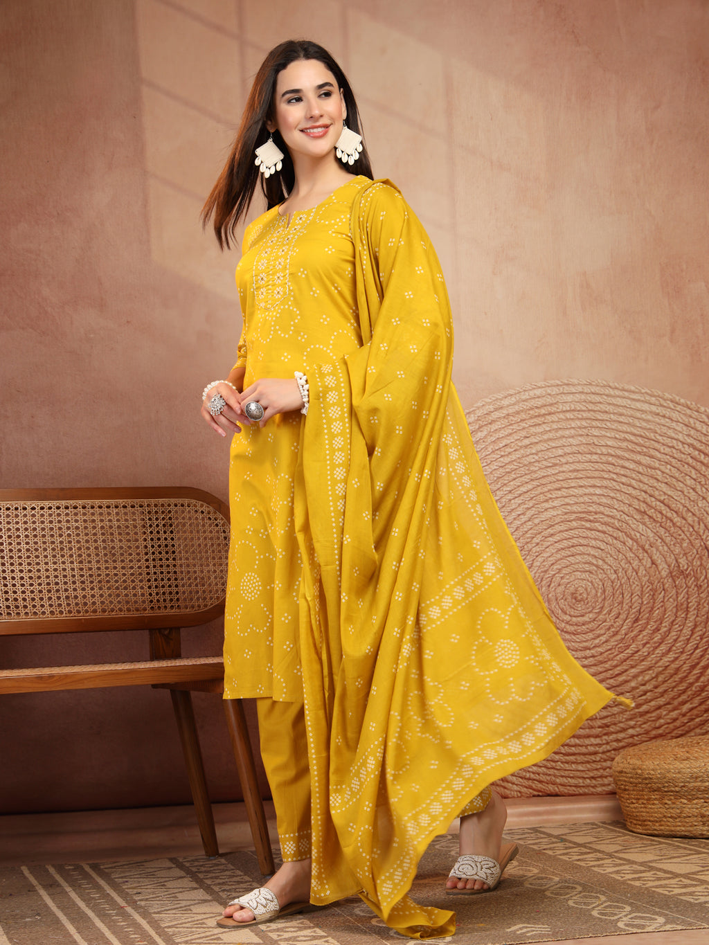 Mustard Yellow Bandhani Print Cotton Suit Set