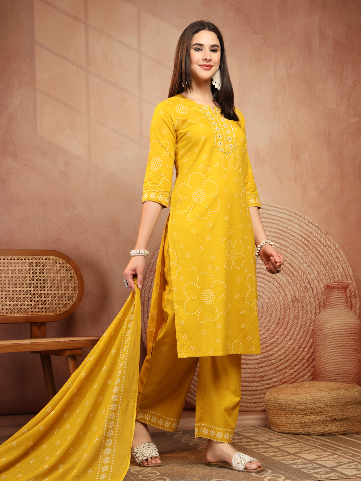 Mustard Yellow Bandhani Print Cotton Suit Set