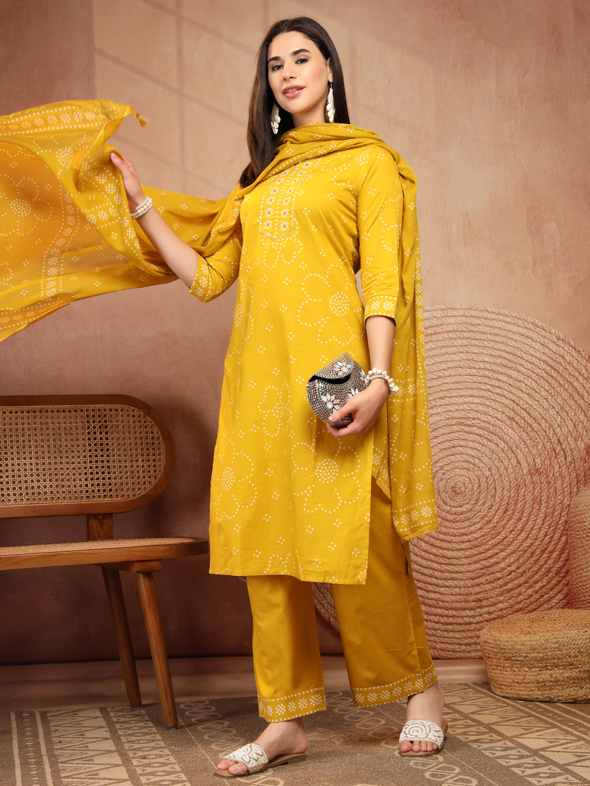 Mustard Yellow Bandhani Print Cotton Suit Set
