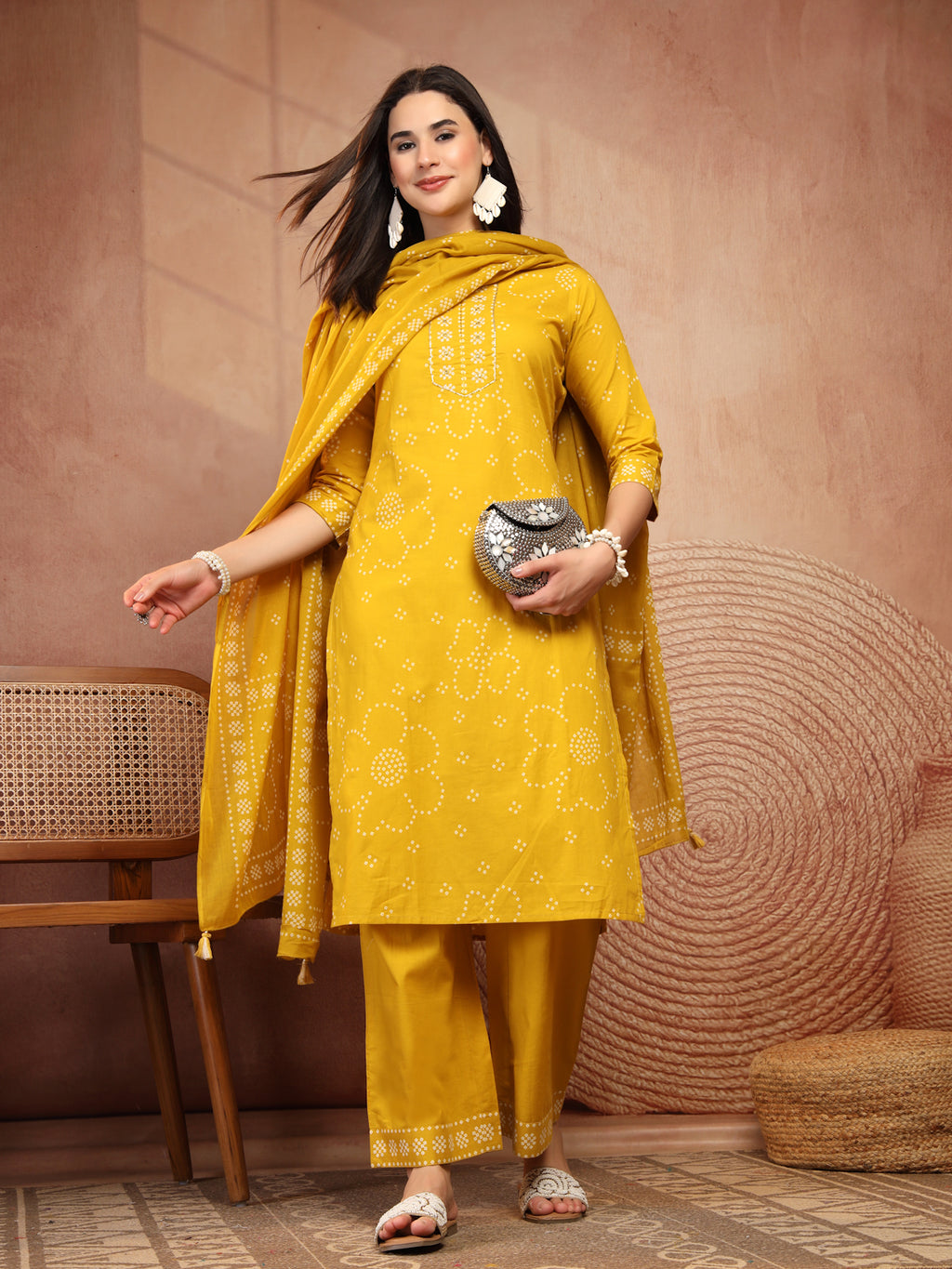 Mustard Yellow Bandhani Print Cotton Suit Set
