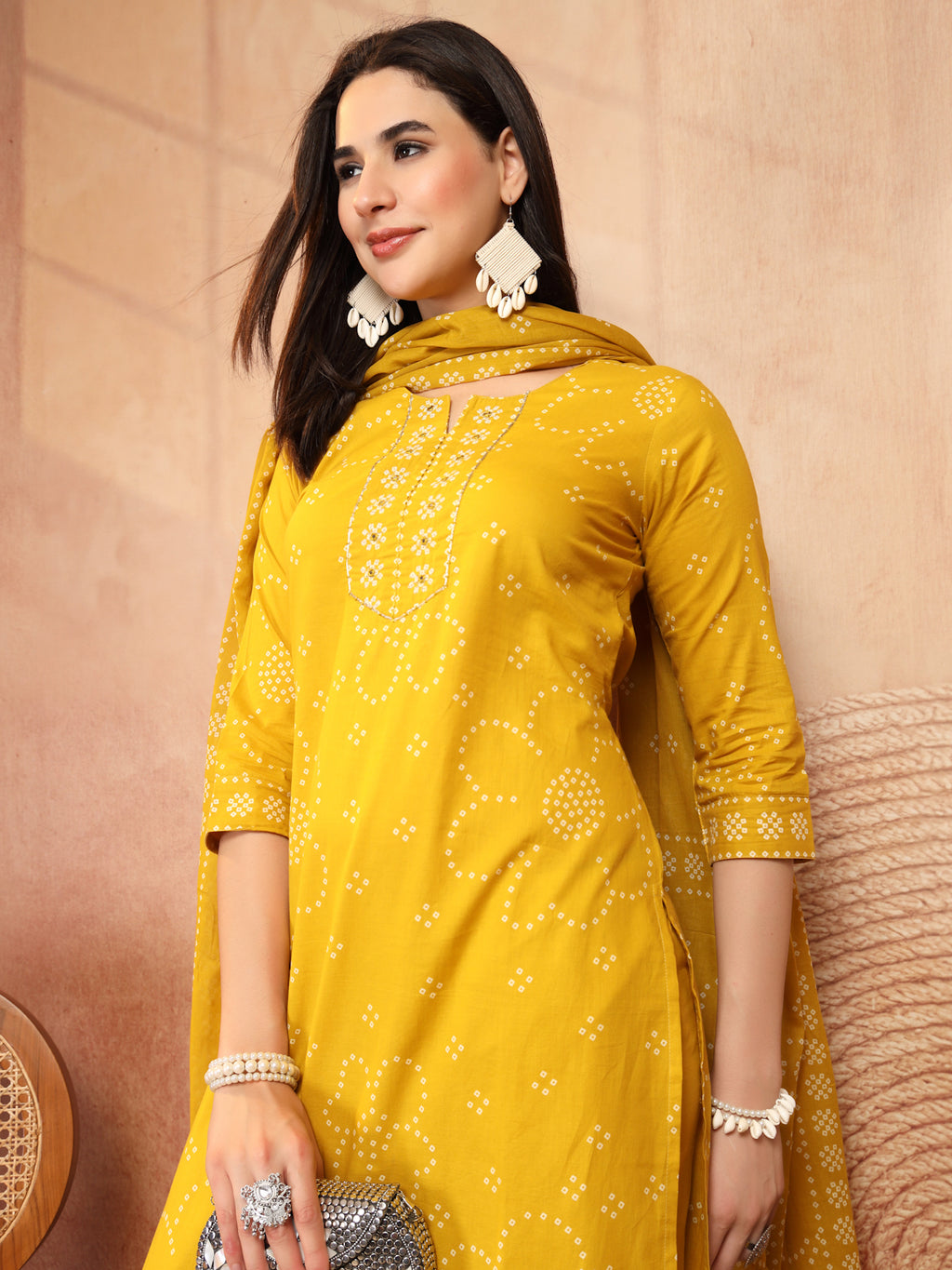 Mustard Yellow Bandhani Print Cotton Suit Set