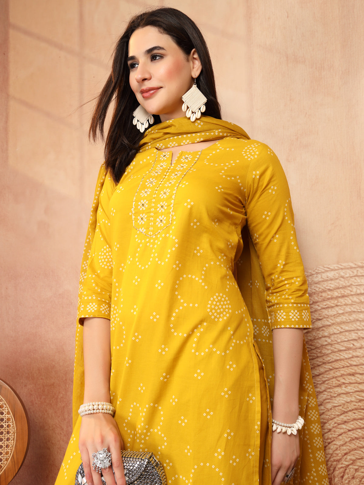 Mustard Yellow Bandhani Print Cotton Suit Set