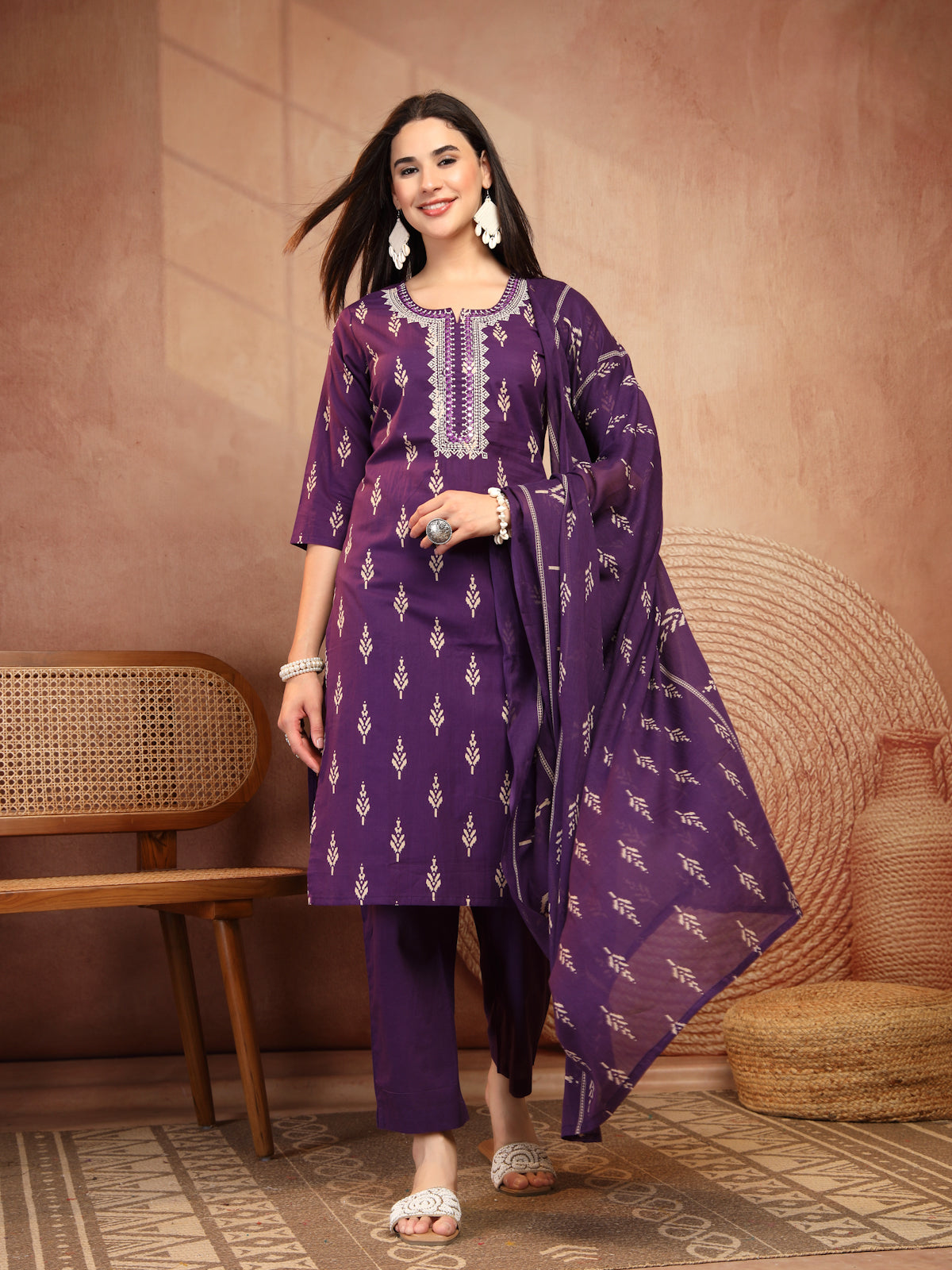 Deep Purple Cotton 3-Piece Suit Set
