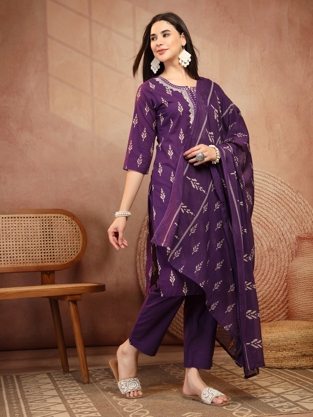 Deep Purple Cotton 3-Piece Suit Set