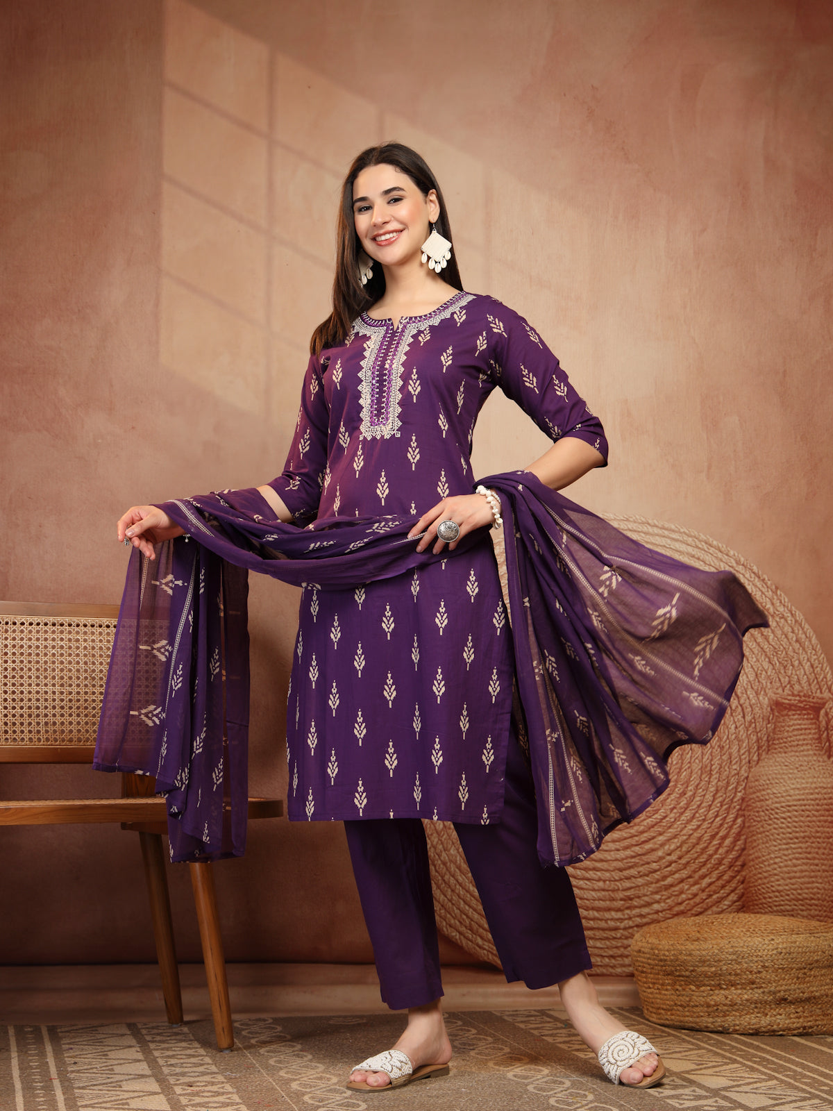 Deep Purple Cotton 3-Piece Suit Set