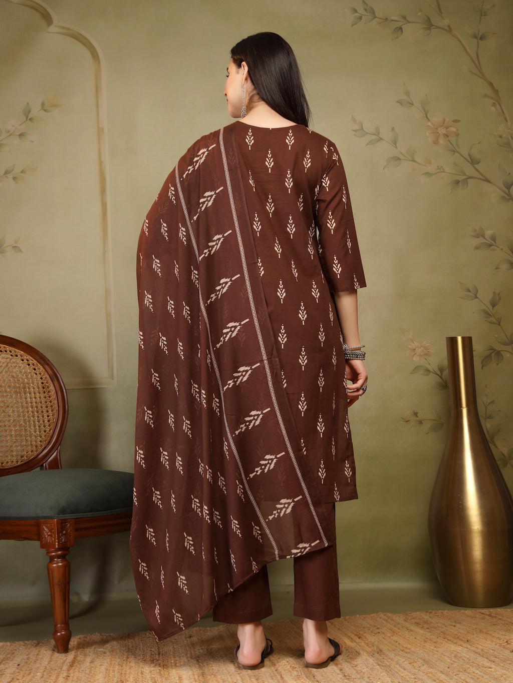 Chocolate Brown Woven Cotton 3-Piece Suit Set