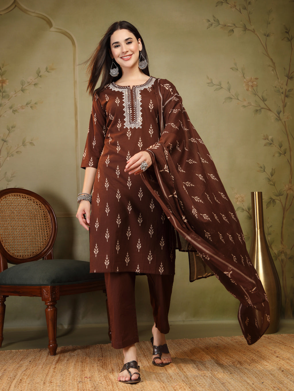Chocolate Brown Woven Cotton 3-Piece Suit Set