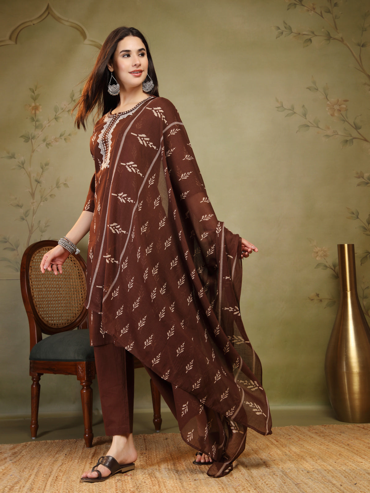 Chocolate Brown Woven Cotton 3-Piece Suit Set
