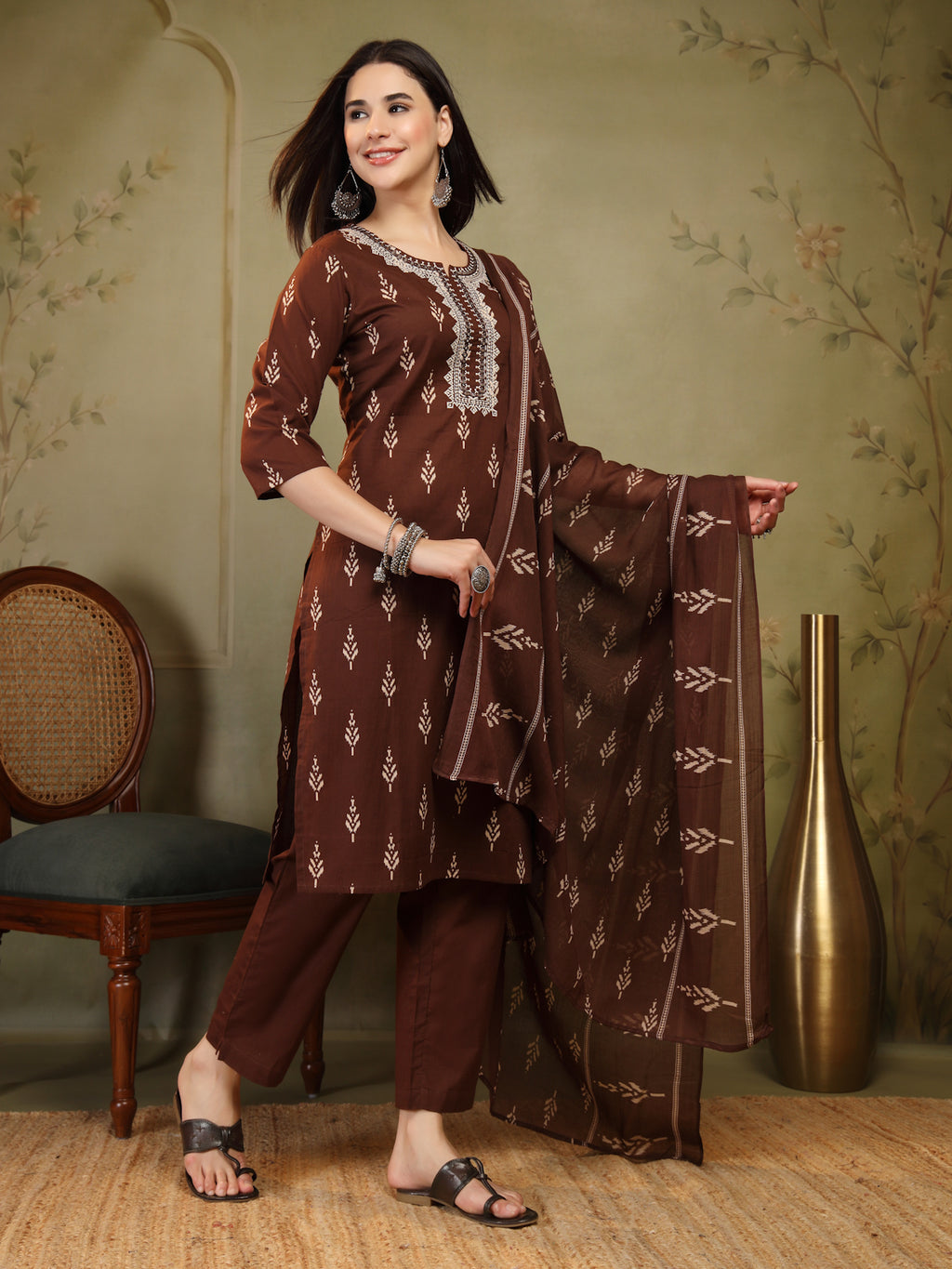 Chocolate Brown Woven Cotton 3-Piece Suit Set