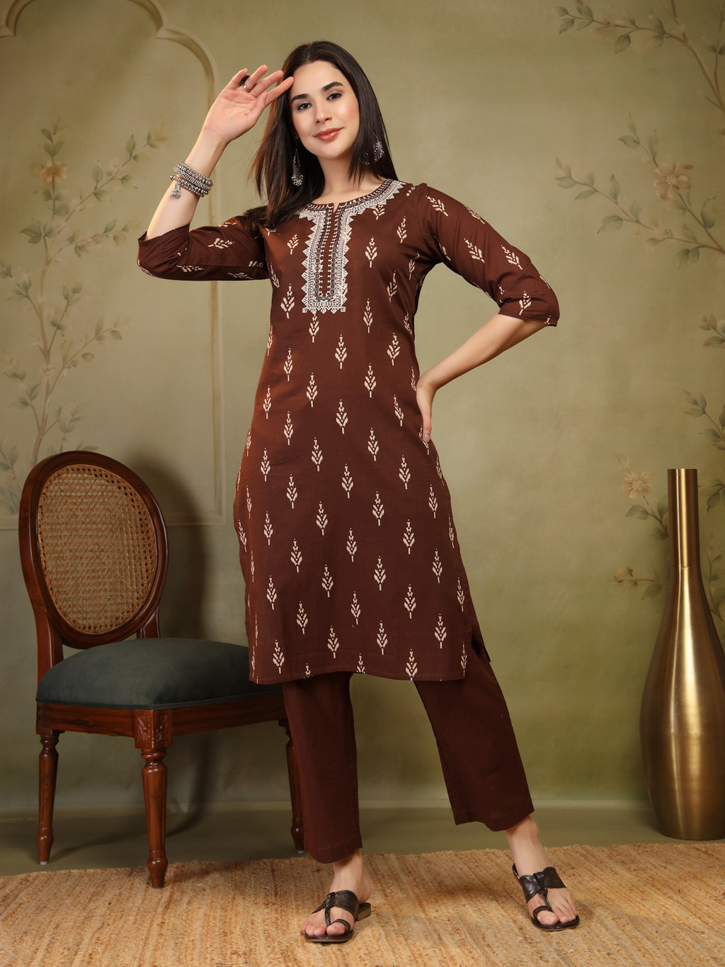 Chocolate Brown Woven Cotton 3-Piece Suit Set