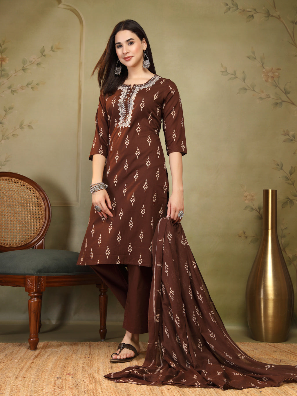 Chocolate Brown Woven Cotton 3-Piece Suit Set