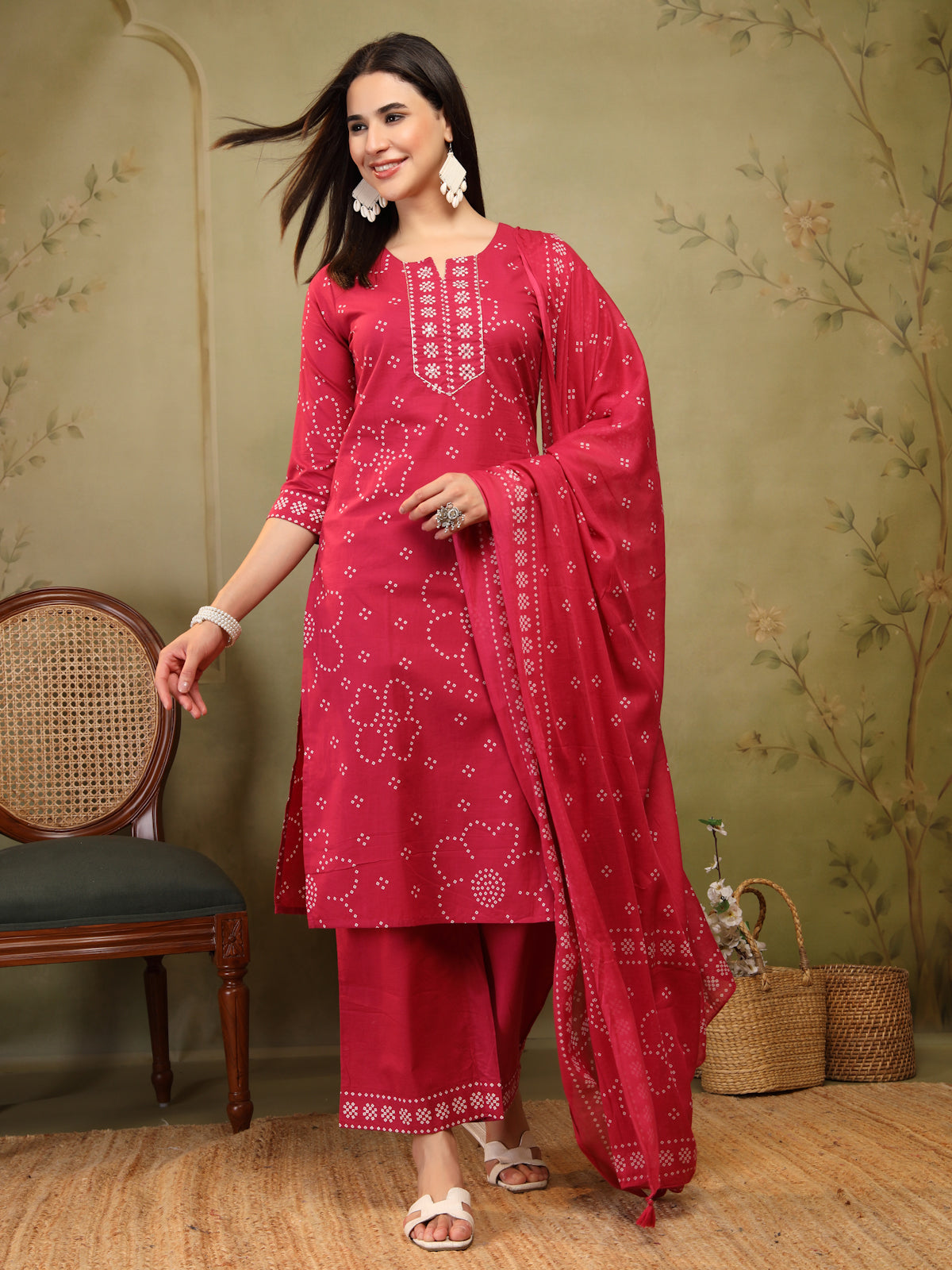 Rani Pink Bandhani Print Cotton 3-Piece Suit Set
