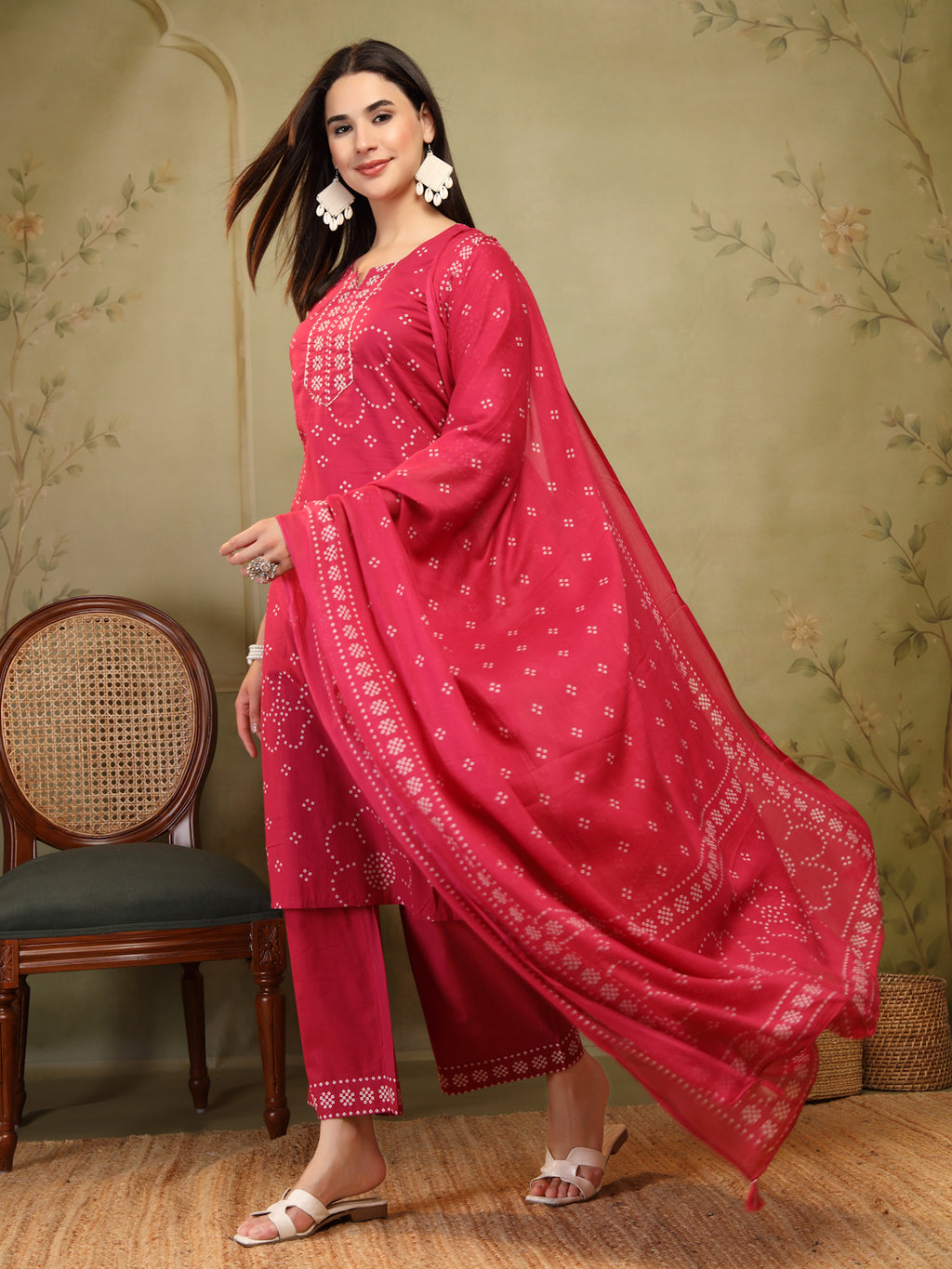 Rani Pink Bandhani Print Cotton 3-Piece Suit Set