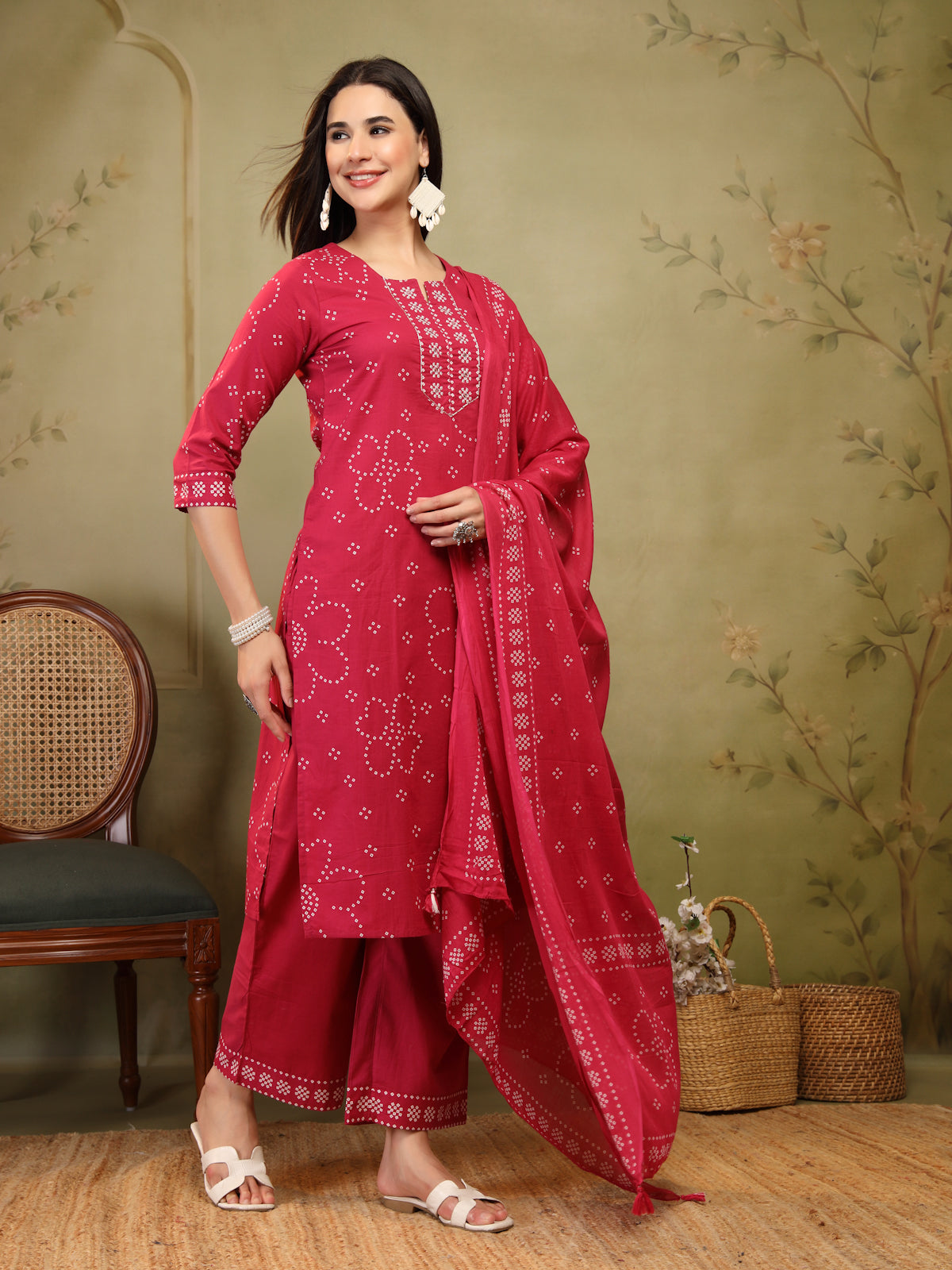 Rani Pink Bandhani Print Cotton 3-Piece Suit Set