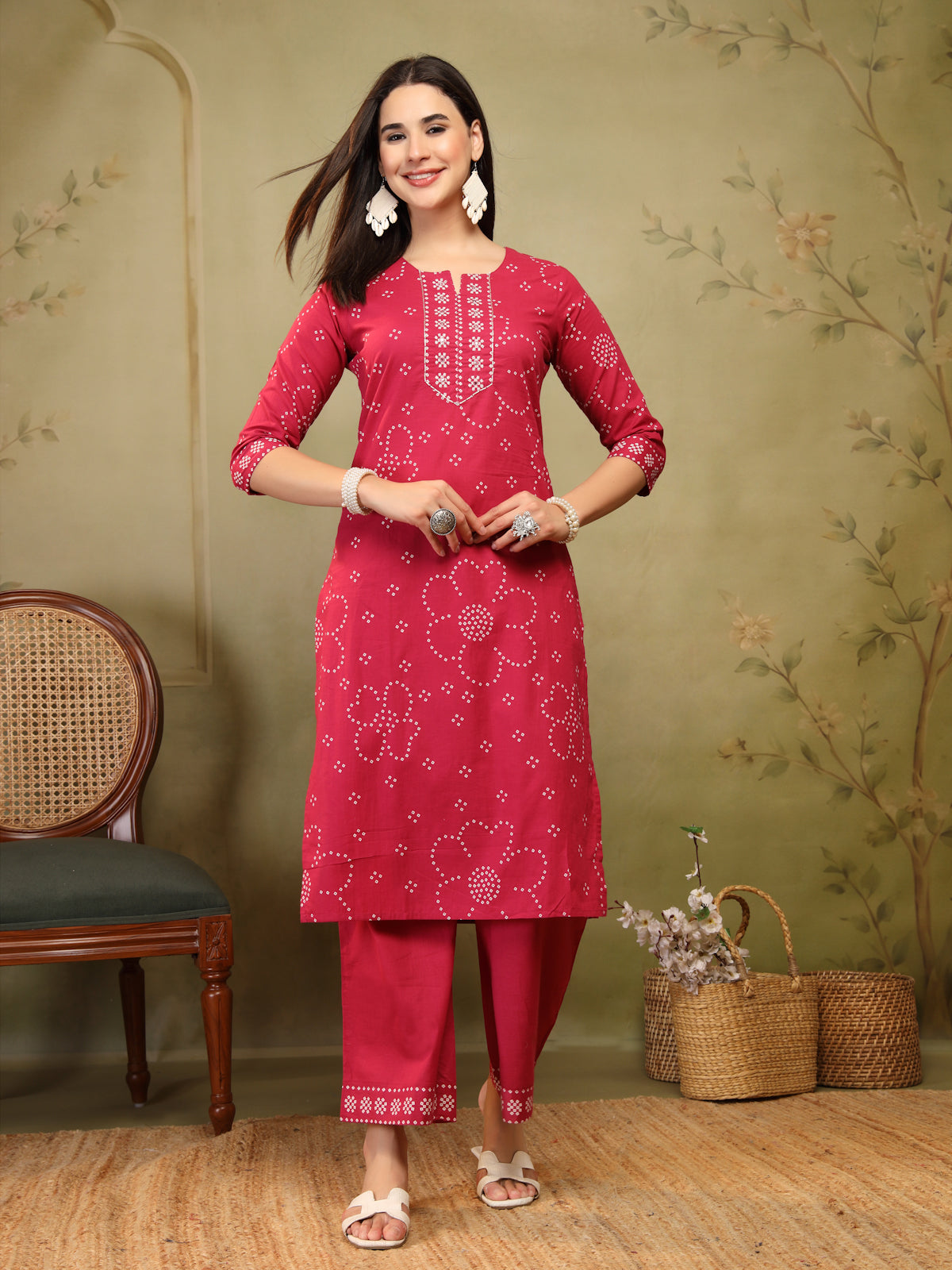 Rani Pink Bandhani Print Cotton 3-Piece Suit Set