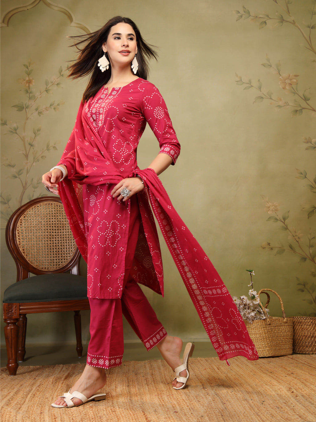 Rani Pink Bandhani Print Cotton 3-Piece Suit Set