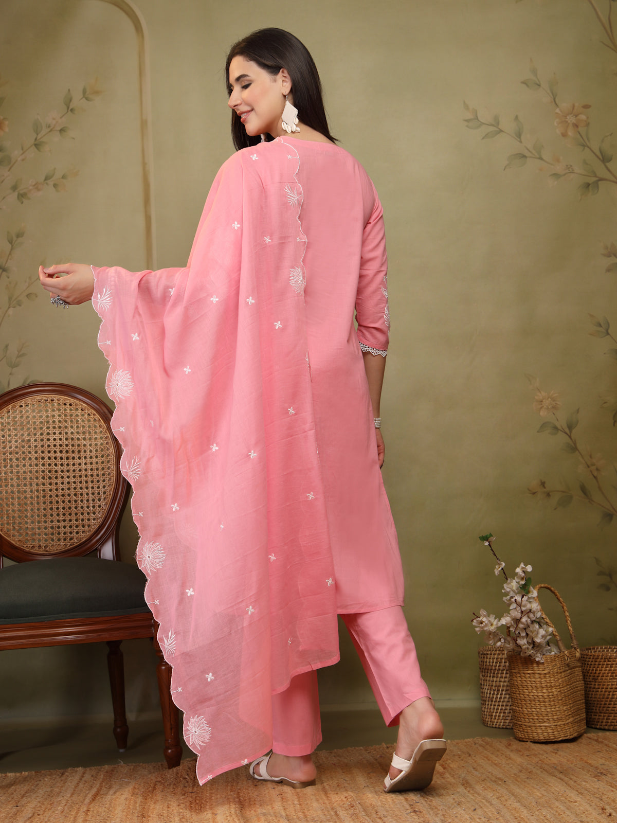 Blush Pink Cotton Embroidered 3-Piece Suit Set