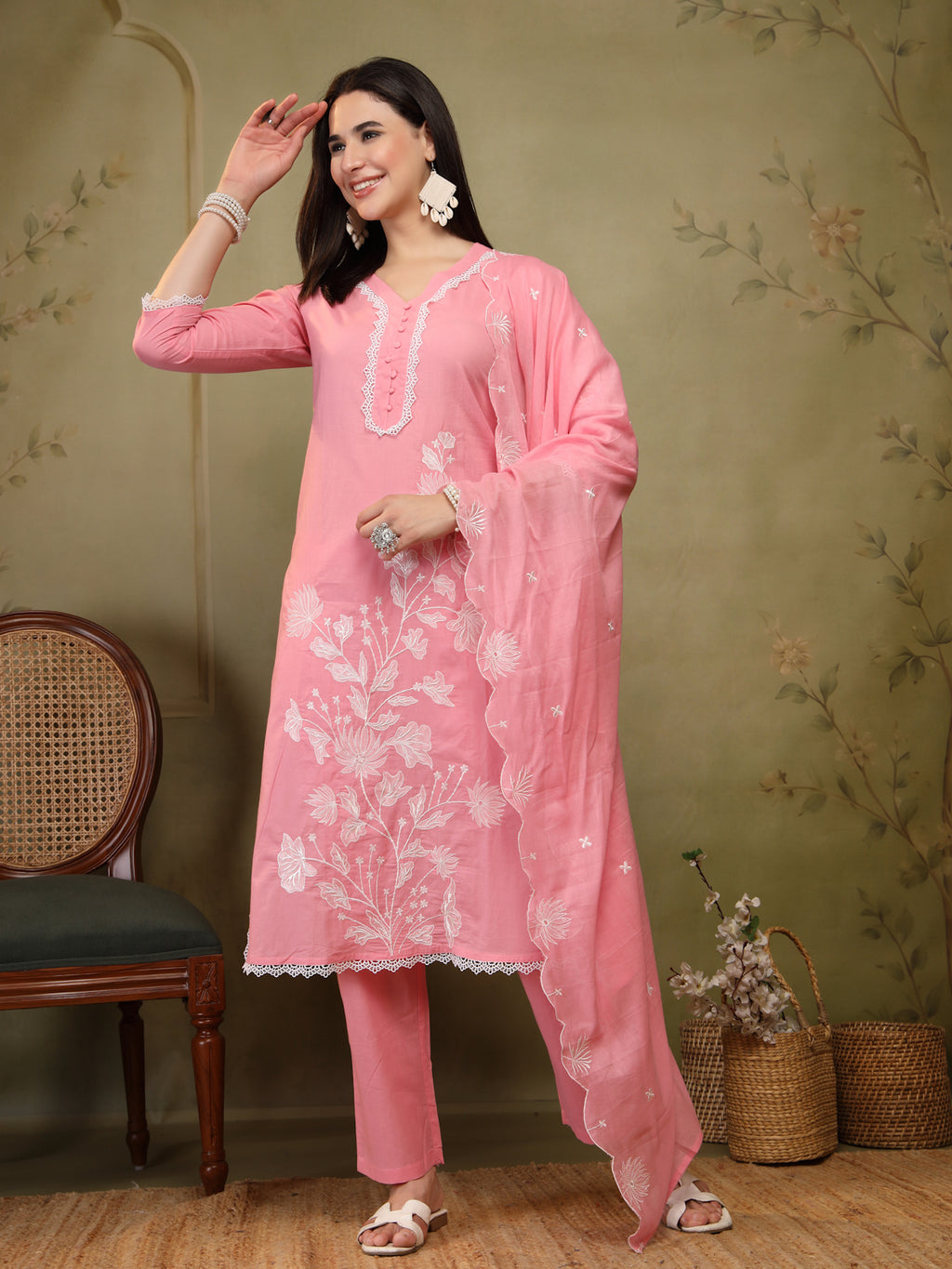 Blush Pink Cotton Embroidered 3-Piece Suit Set