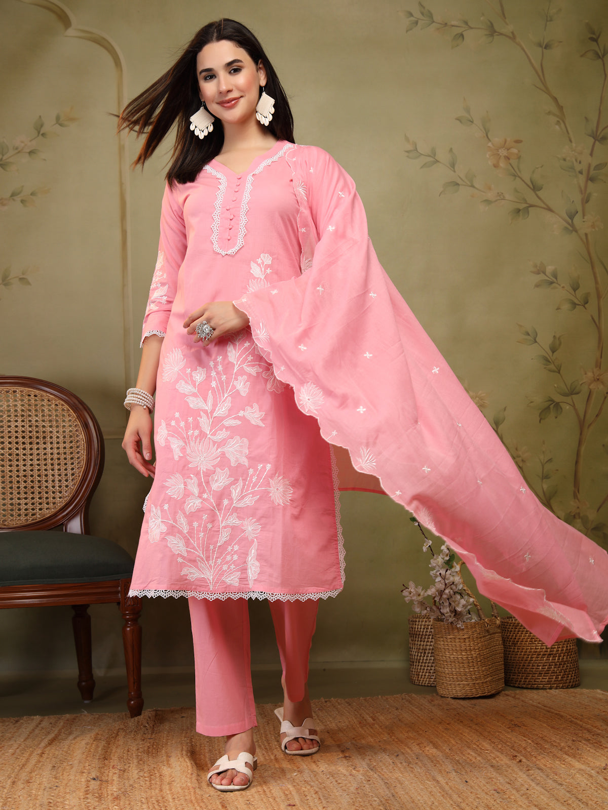 Blush Pink Cotton Embroidered 3-Piece Suit Set