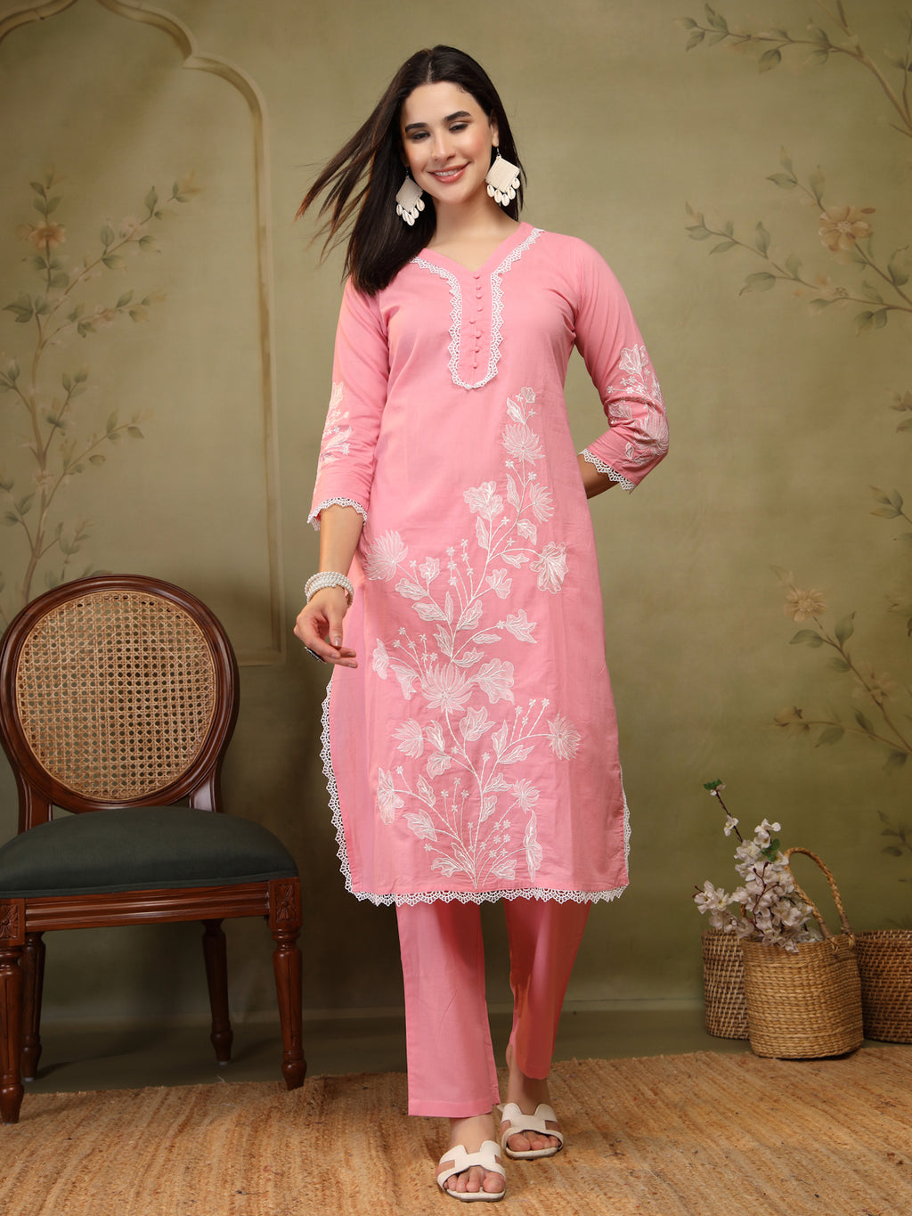 Blush Pink Cotton Embroidered 3-Piece Suit Set