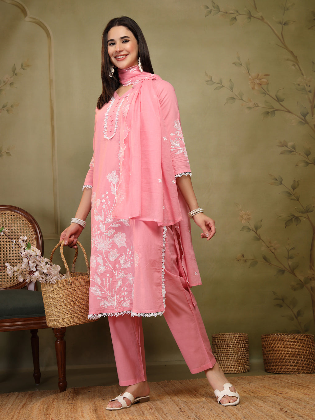 Blush Pink Cotton Embroidered 3-Piece Suit Set