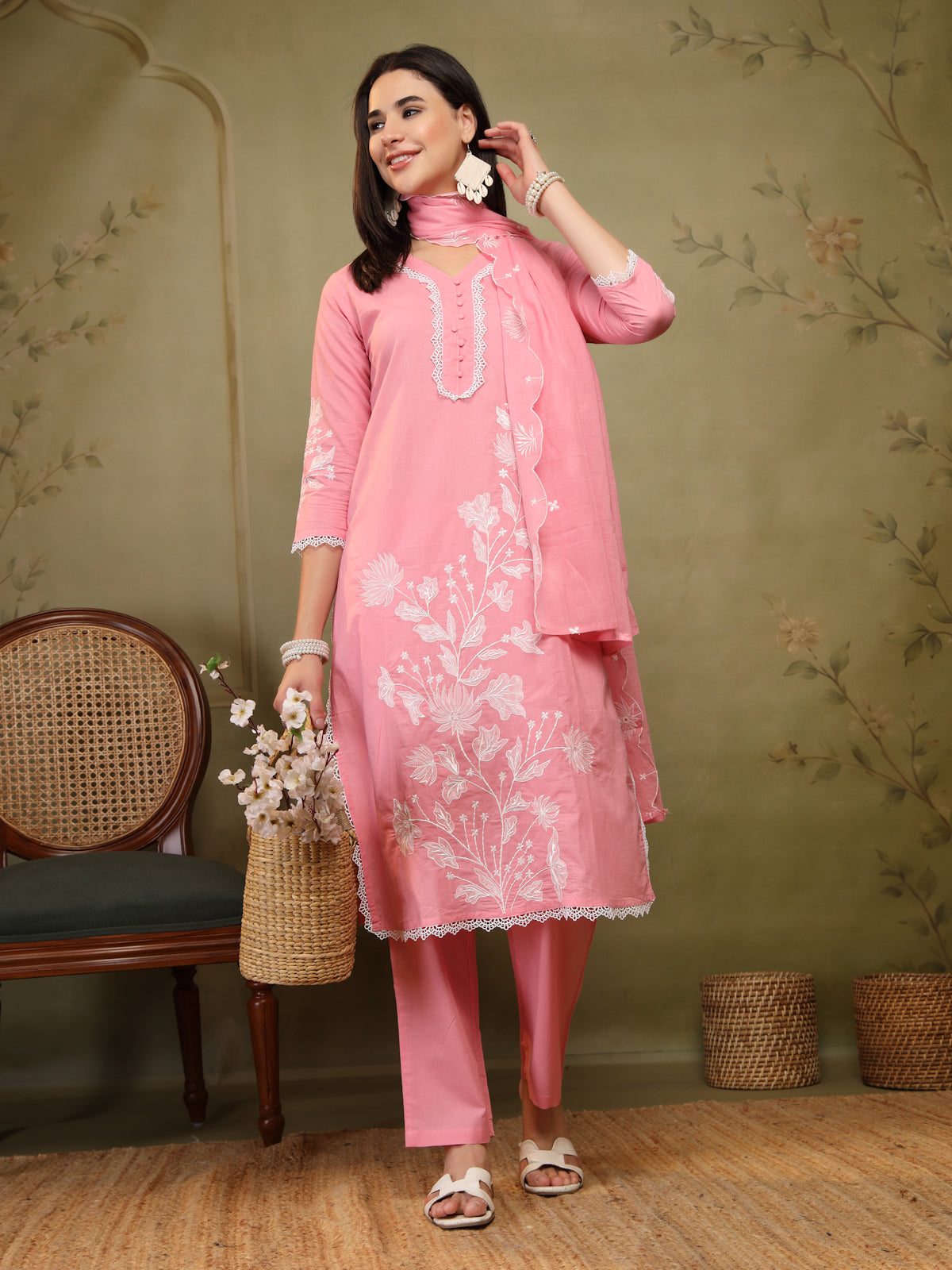 Blush Pink Cotton Embroidered 3-Piece Suit Set