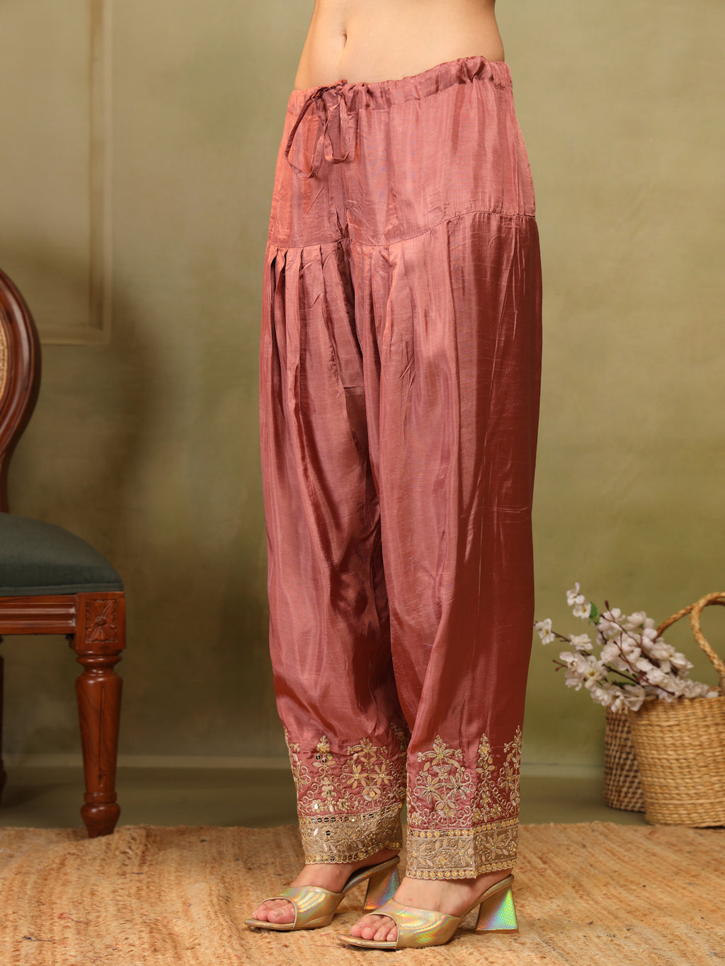 Golden Beige Embroidered Suit Set for Women with Dupatta
