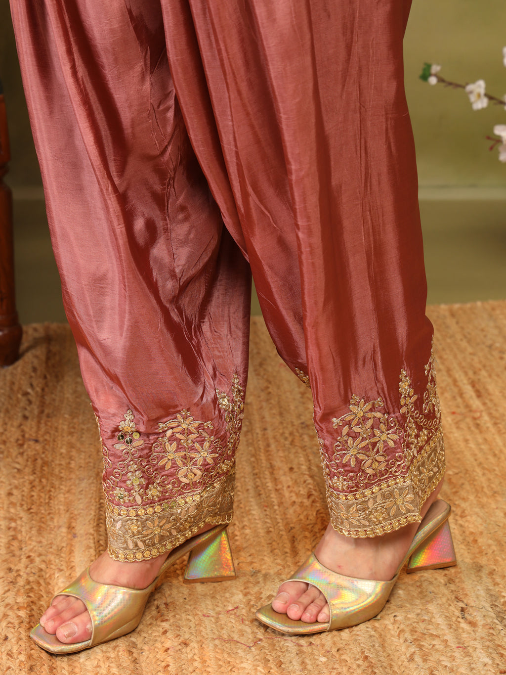 Golden Beige Embroidered Suit Set for Women with Dupatta