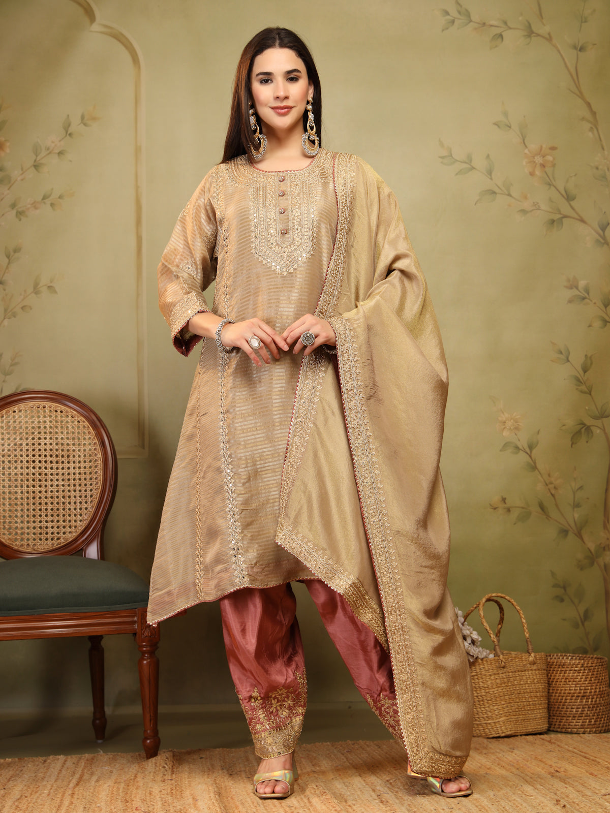 Golden Beige Embroidered Suit Set for Women with Dupatta
