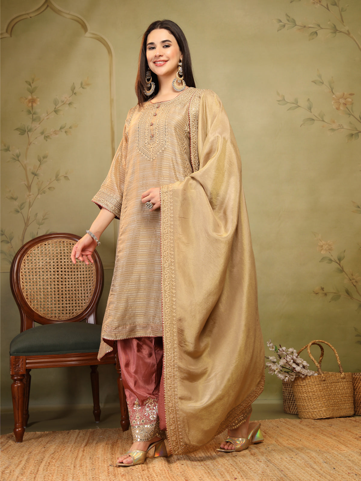 Golden Beige Embroidered Suit Set for Women with Dupatta