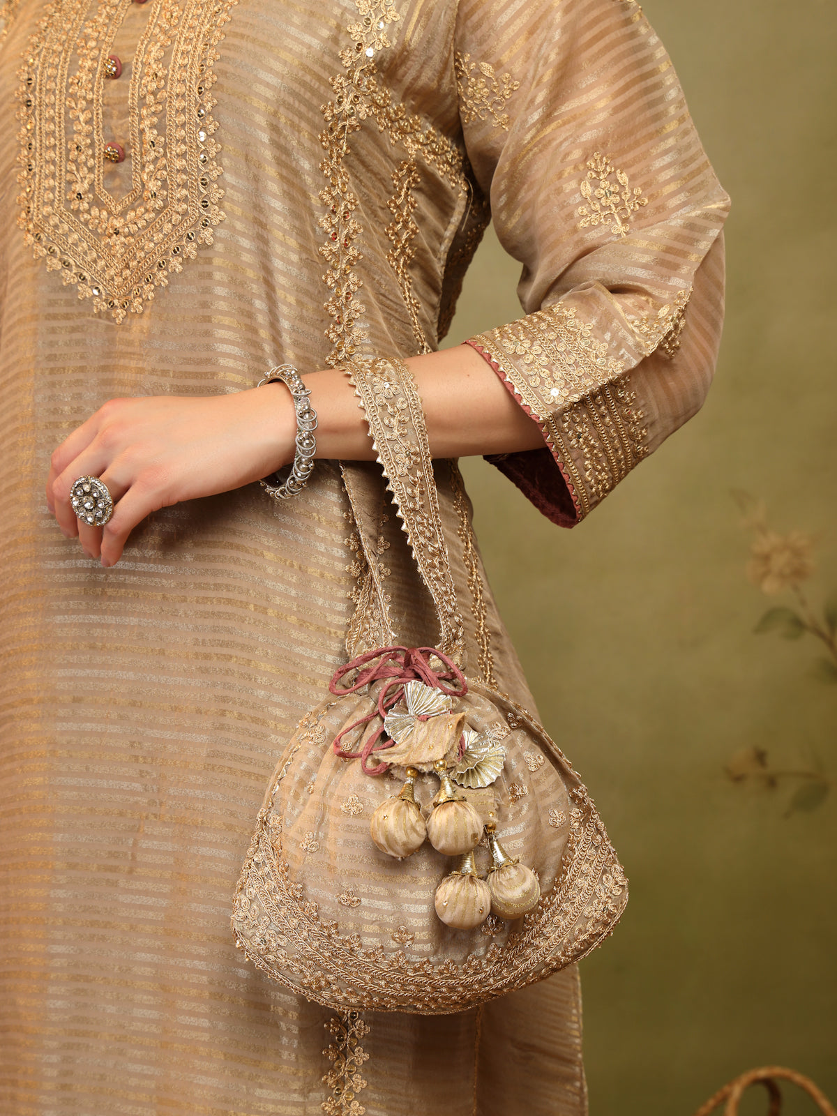 Golden Beige Embroidered Suit Set for Women with Dupatta