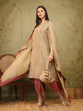 Golden Beige Embroidered Suit Set for Women with Dupatta